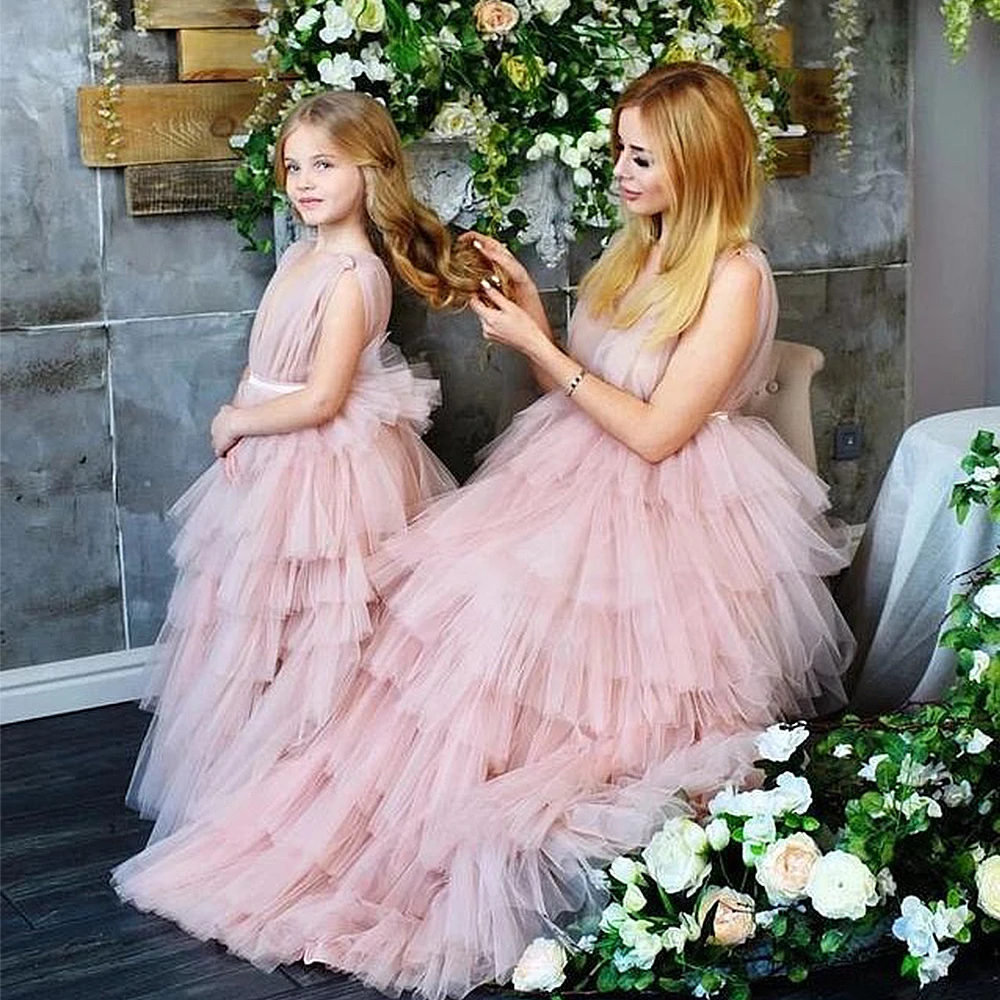 

Fancy Birthday Party Mom and Daughter Clothing Pink Ruffles Mesh Tutu Dress Sleeveless Pink Prom Dresses Christmas Photoshoot