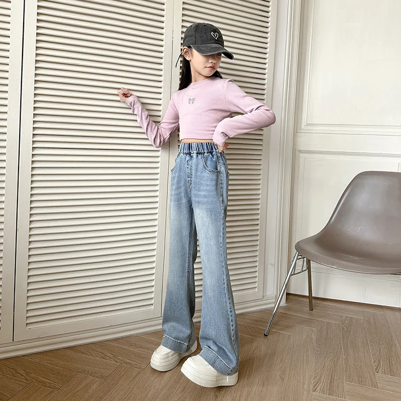 

Джинсовые брюки Juniro для девочек, осенние детские свободные брюки с карманами и вышивкой для девочек, детские повседневные брюки со средней талией для девочек, полная длина