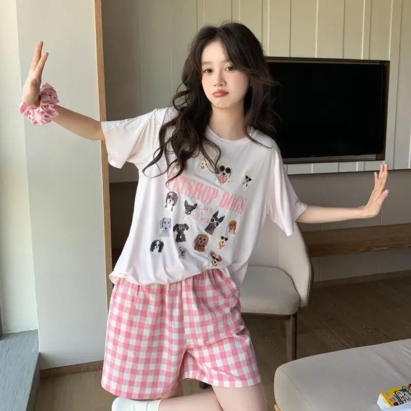 

Женский пижамный комплект, модная домашняя одежда, комплект с короткими рукавами и шортами, комплект с мультяшным принтом для женщин, домашняя и верхняя одежда, новинка 2024 года, летняя коллекция, милый дизайн