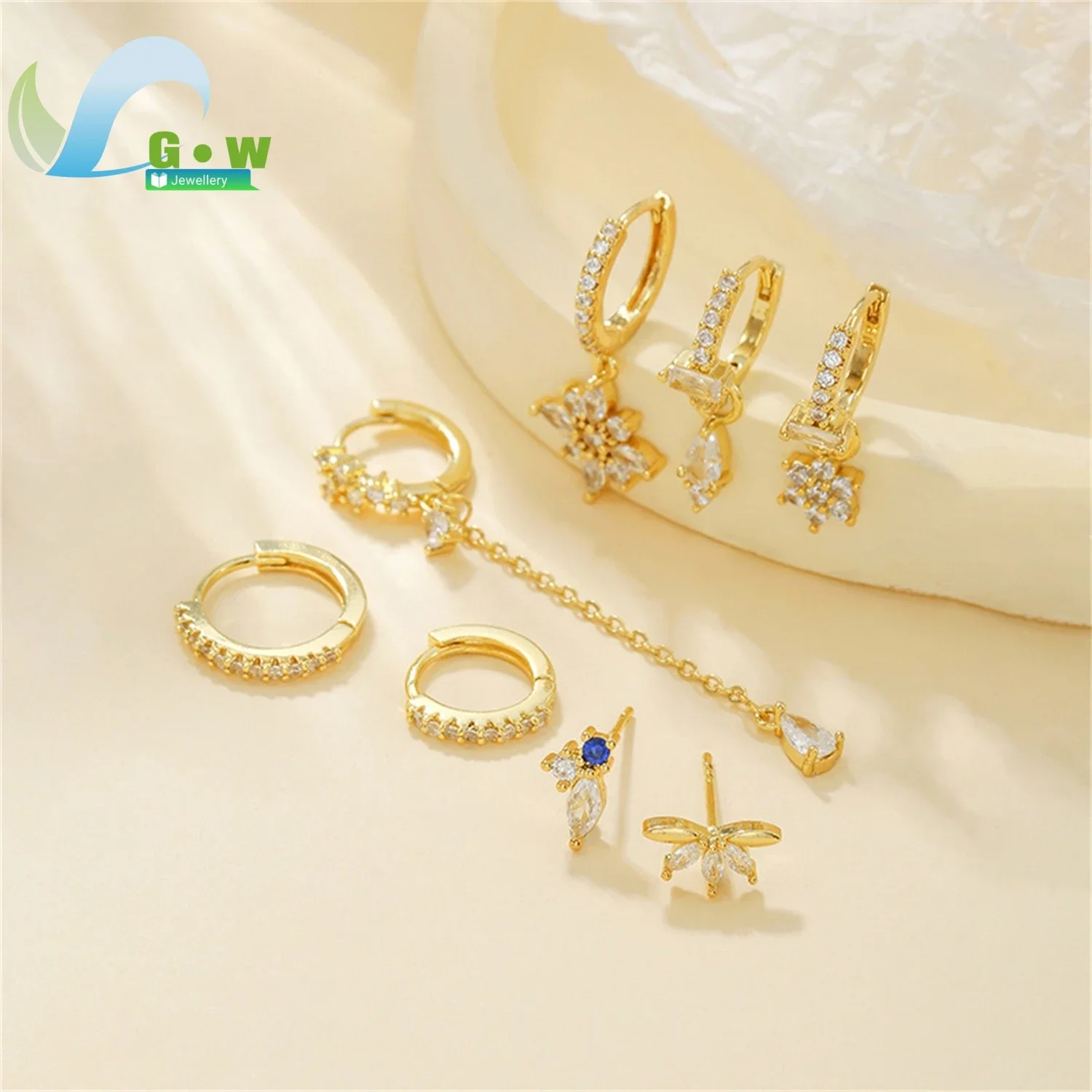 Flower Tassel Earrings Set S925 Silver Post 18k Gold Plated Zirconia Stud and Dangle Earring Womens Fashion Party Daily Wear Gif
