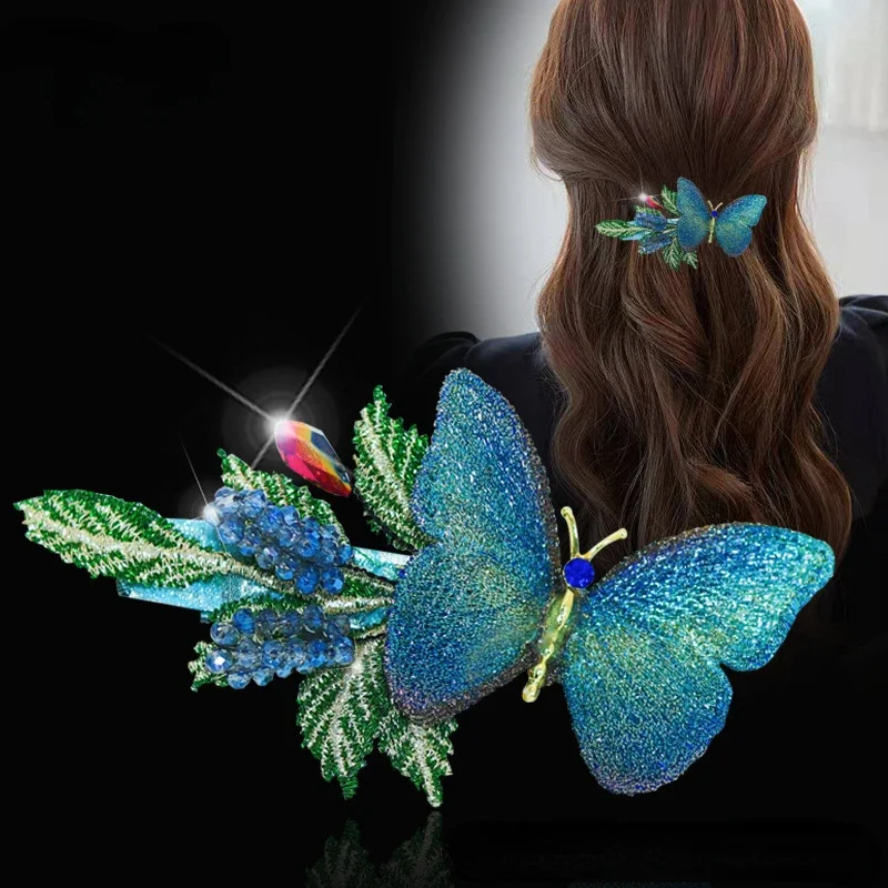 Embroidery Butterfly Hairpin Hair Accessories for Women Back Head Spoon Horsetail Spring Clip Retro Hairbows for Girls Tiaras