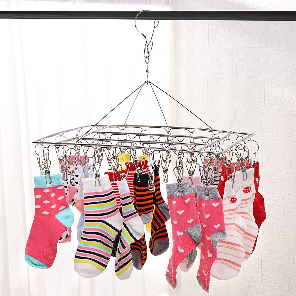 

Sock Drying Rack with 36 Pegs Stainless Steel Sock Hanging Rack Swivel Wind-proof Laundry Drip Hanger Foldable Hanger for Sock