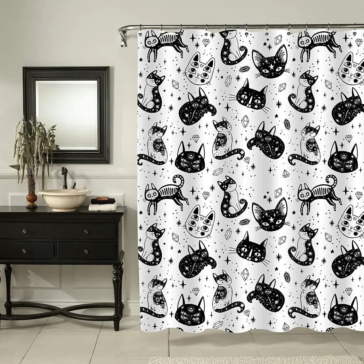 Black and White Cat Shower Curtains Set Cute Abstract Kitten Theme Woman and Girl Gifts Fabric Bath Curtain For Bathroom Decor