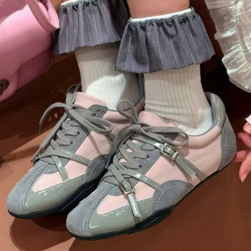 Retro Colorblock Flat Shoes Women's Cross Double Buckle Lace-up Summer New Soft Sole Not Tired Feet Skinny Single Shoes