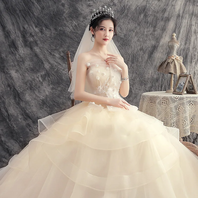 Main Wedding Dress Bride New Champagne Large Size Mori Style Super-Fairy Petite Elegant Dream Travel Autumn