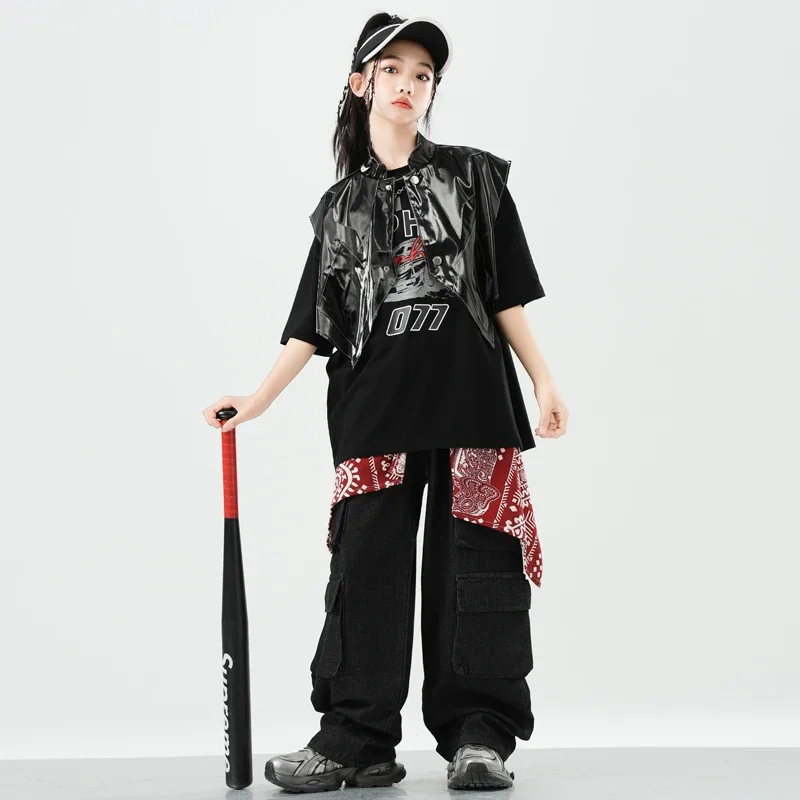 Ropa de Hip Hop para niños, camiseta, chaleco, pantalones Cargo, disfraz de baile callejero de Jazz para niñas, conjunto de ropa para niños, ropa de calle k-pop
