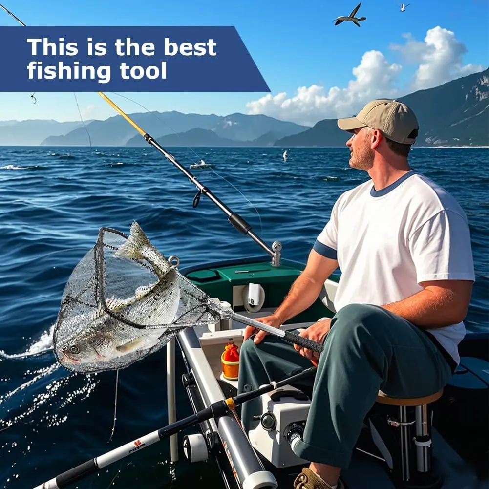 Faltbarer Fischlandungsnetz mit 55 cm Teleskopstange, gummibeschichtetem Netz, Fliegenfischernetz für Teich, Forellen, Karpfen, Fang & Freilassung – Detail 9