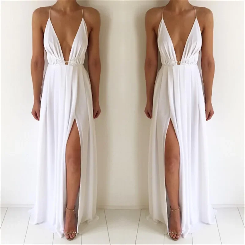 Sexy V-neck Low Cut Tank Top Open Back Women's Chiffon Skirt Bohemian Dress Summer Fashion Western Style Sleeveless Dress