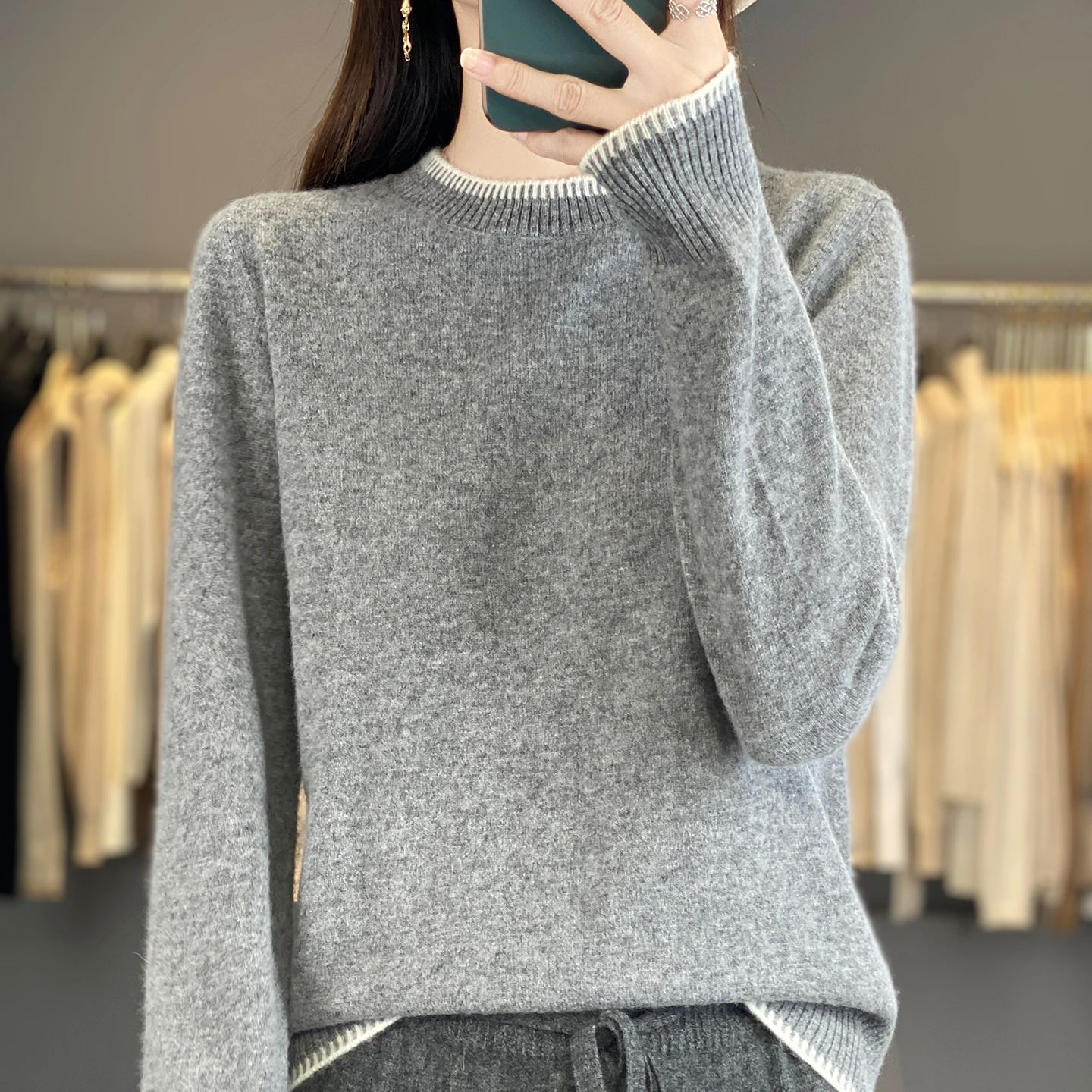 

Новый элегантный осенне-зимний женский свитер с круглым вырезом из 100% мериносовой шерсти, повседневный женский пуловер, блузка с цветными блоками, мягкий женский шерстяной свитер