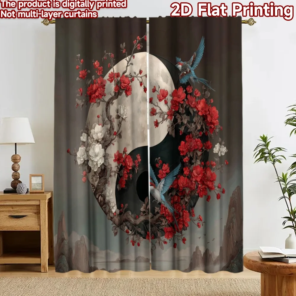 2D flat 2pcs Curtain Home Short Curtains Yin Yang Blossoms Birds Digitally printed polyester, colorfast Holiday Decorations for