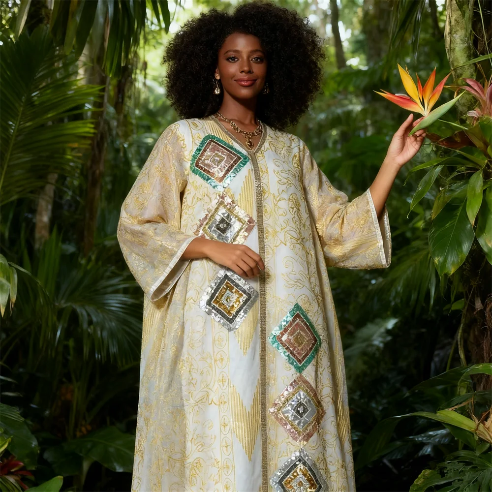 

Luxury Sequins Embroidered Long Dress Women Summer Elegant Casual Loose Maxi Dress Holiday Party Muslim Arab Abaya Eid Ramadan