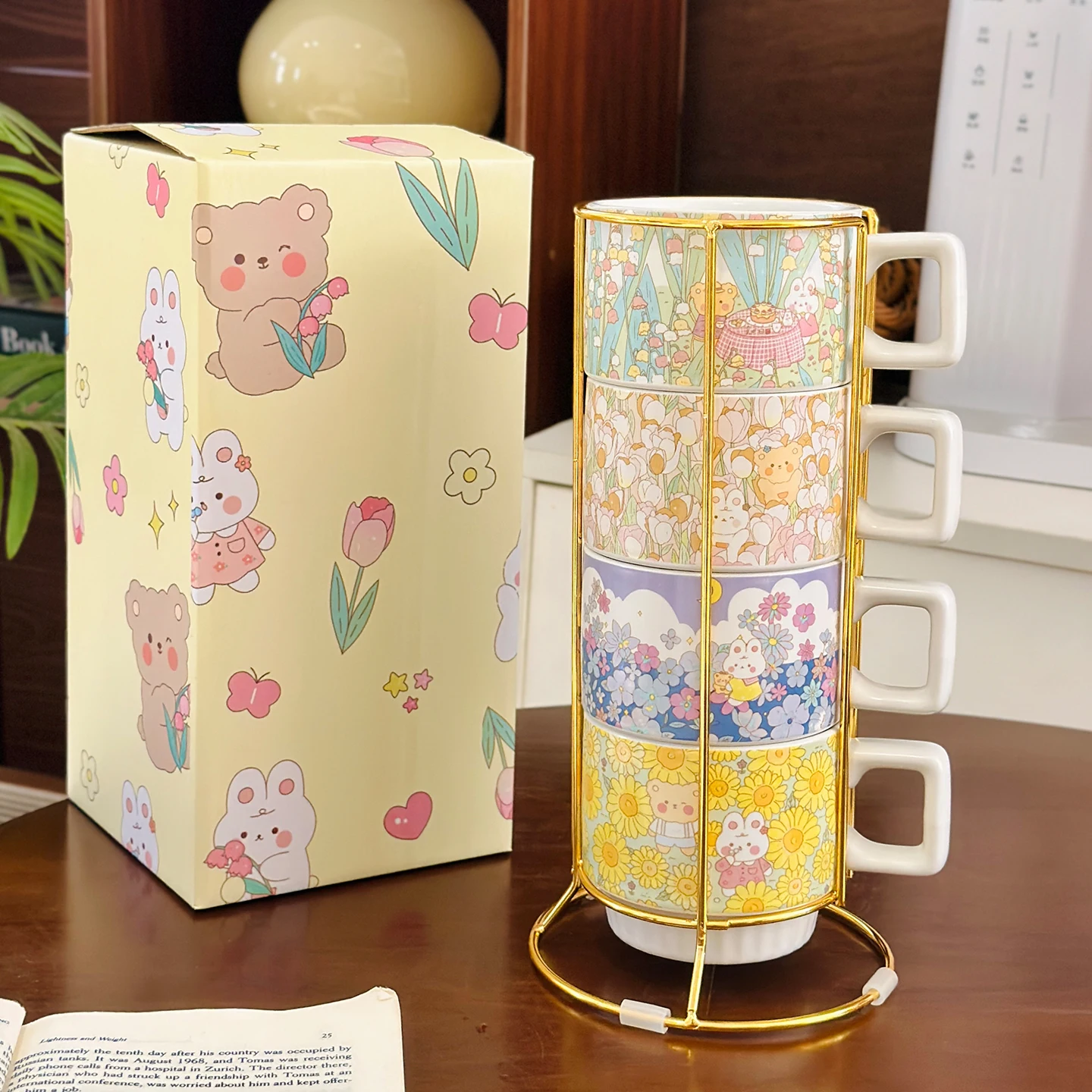 かわいい漫画風マグカップ、ホルダー付きスタブルカップ、高審美価値のコーヒーカップ、誕生日ギフトセット、バブルタウンスイート