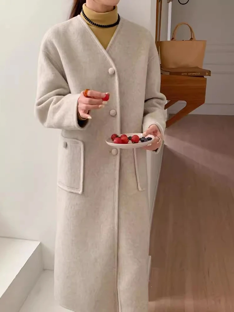 BZVW Fashion Double Sided Woolen Coat Women's V-neck Long Sleeves Solid Color Pockets Design Coats 2024 Winter New 25A9155