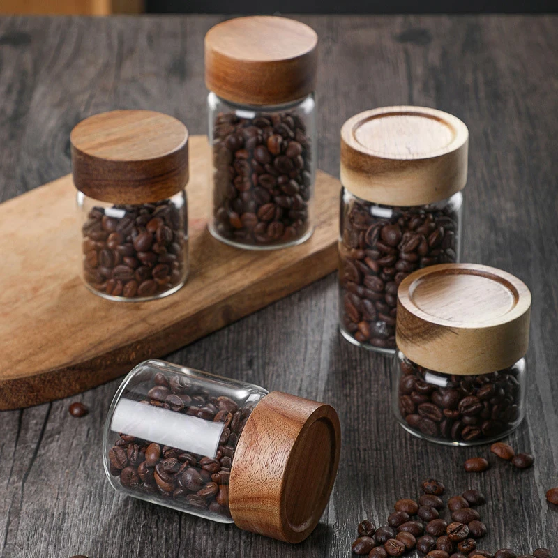 Wood Lid Glass Airtight Canister Kitchen Storage Bottles Jars Food Container Grains Tea Coffee Beans Grains Candy Jar Containers