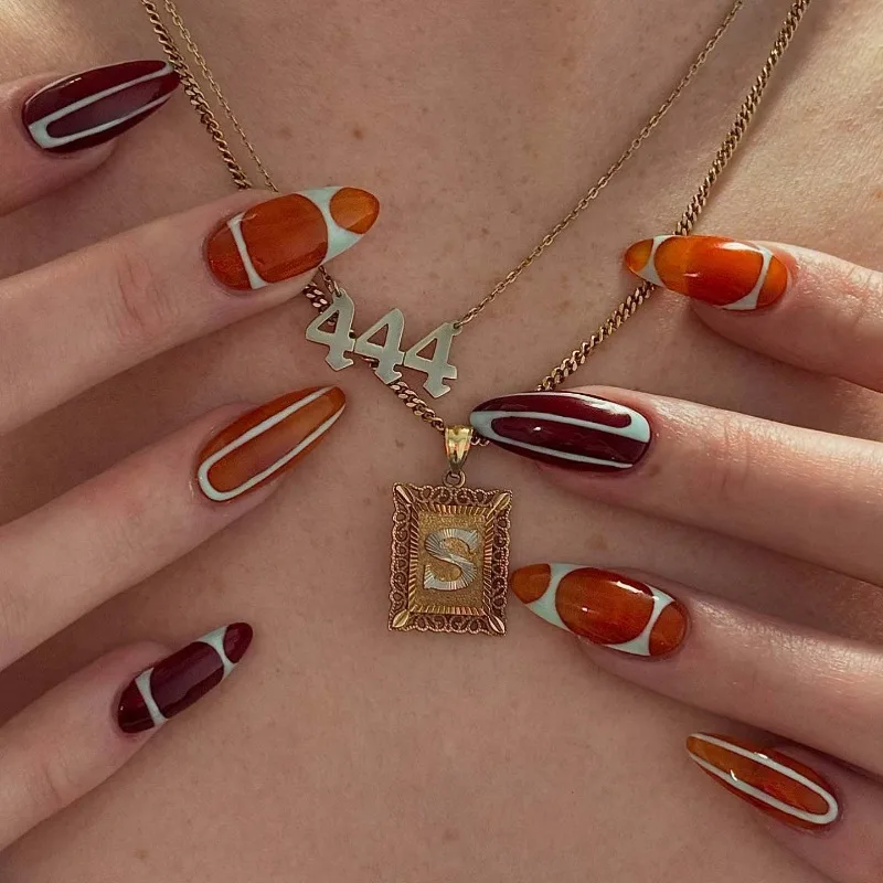 

24PCS Fake Nails Orange Burgundy Abstract Line Almond False Nails Geometric Press on Nails Modern Artistic Autumn Unhas Postiças