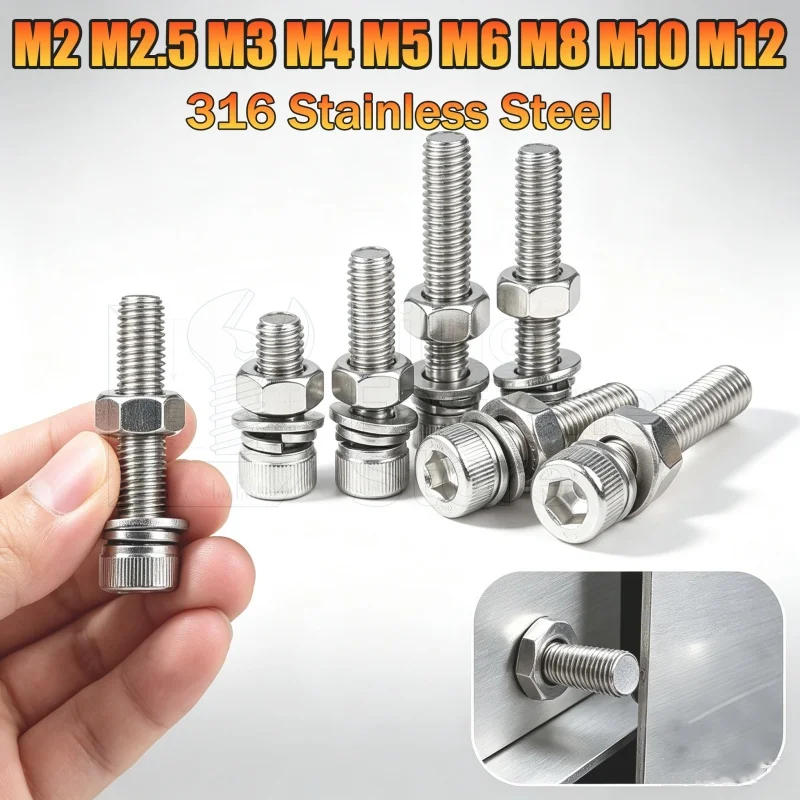 Hex Socket Cap Head Screw Combination M2 M2.5 M3 M4 M5 M6 M8 M10 M12 with Washer Nut Kits Set 316 Stainless Steel Allen Bolt