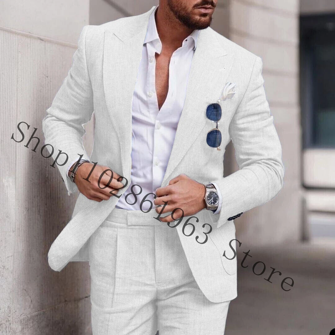 2023 White Linen Suits For Men Slim Fit Peak Lapel 2 Pieces Best Men Groom Wear Wedding Tuxedos Blazer+Pants Trajes De Hombre