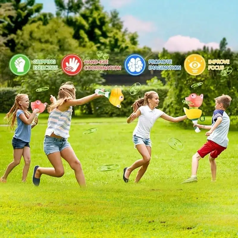 1Set Frog Pull String Flying Disc Launcher with Soft Saucers, Outdoor Handheld Catapult Toy Kids Summer Birthday Party Gift