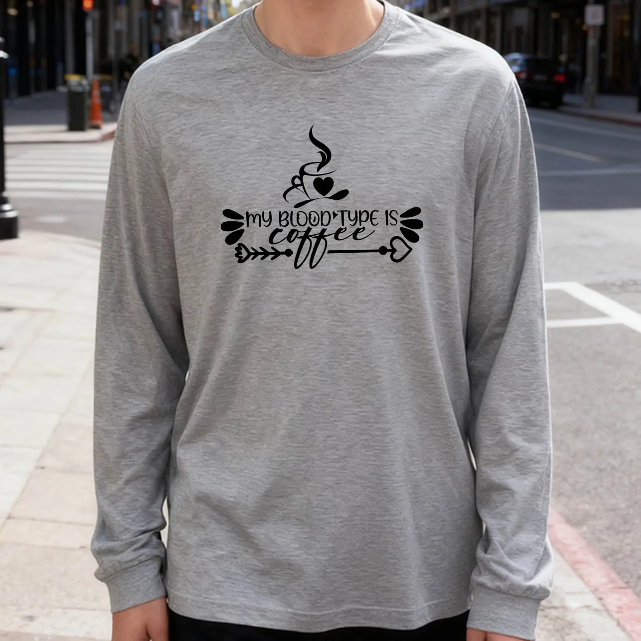 My Blood Type Is Coffee Men's Long Sleeve T-Shirt 180g 100% Cotton Printed Crew Neck Casual Daily Wear Soft and Breathable