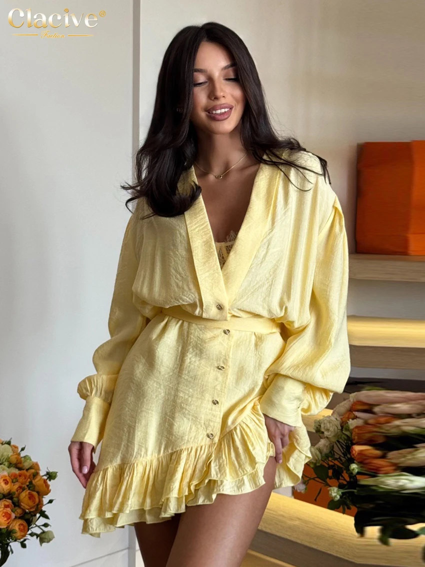 

Clacive Sexy Loose Yellow Women Dress 2025 Fashion V-Neck Long Sleeve Mini Dresses Elegant Classic Lace-Up Pleated Female Dress
