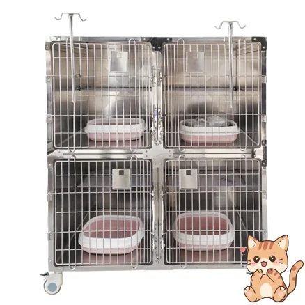 Custom Professional 4-Section Cat Cage - Veterinary Stainless Steel Kennel With Lock & Wheels, Pet Hospital Enclosure For Shelte