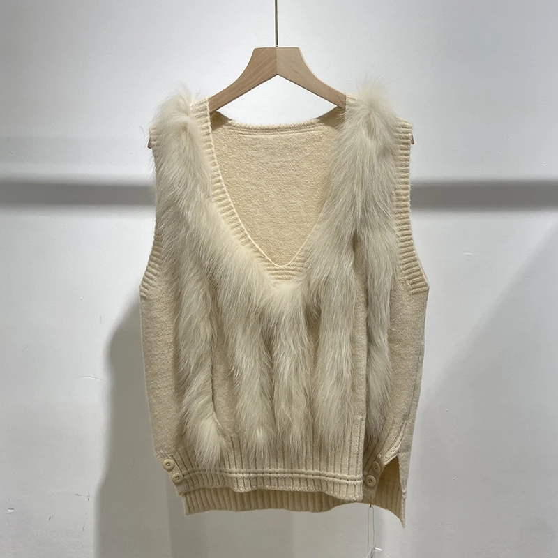 Korea Style Lovely Girl's Real Fox Fur Beige Sleeveless Autumn Vest Sweater Women Spring Knitted Waistcoat Vest
