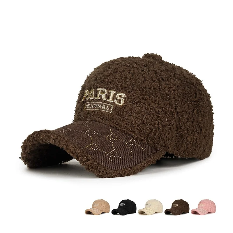 PARIS Metal Thread Embroidered Baseball Cap Men Women Rhinestone Lamb Wool Warm Snapback Hat Young Fashionable Casual Visor Cap