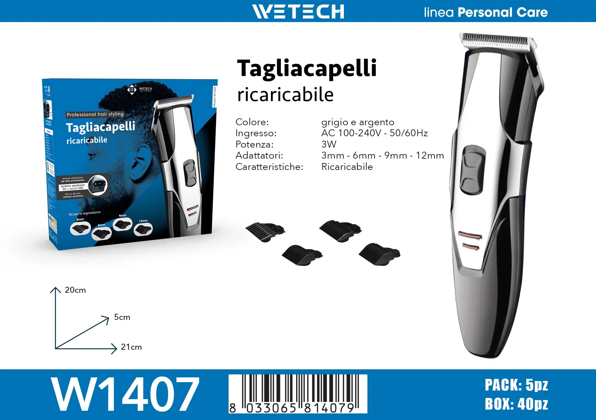 Tagliacapelli elettrico portatile ricaricabile, senza fili, per uomo, con pettine regolabile per la cura della barba, ideale per l’uso domestico e in salone.