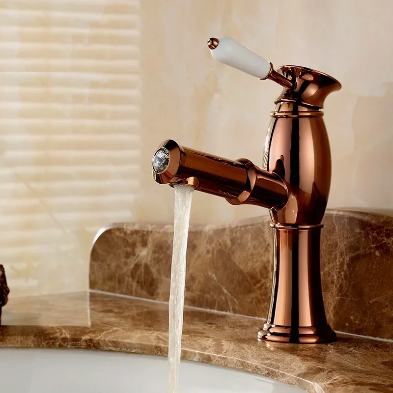 Vidric rose golden brass put out basin faucet Shampoo faucet hot and cold mixer taps porcelain handle with diamonds