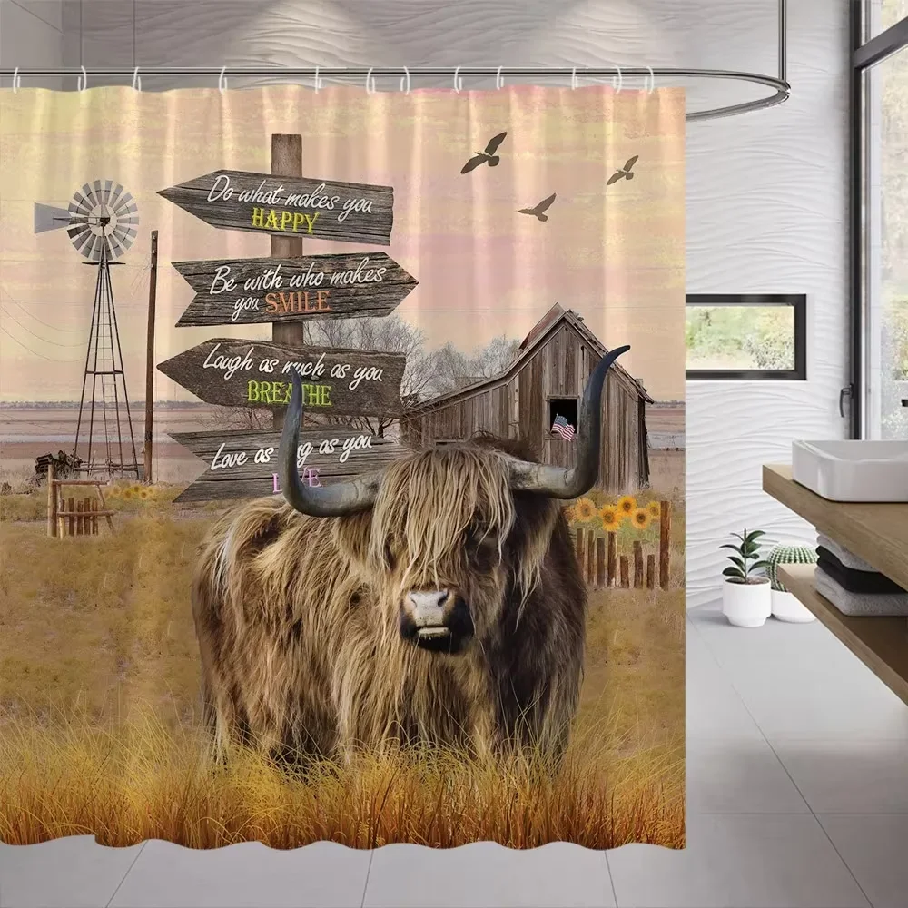 Funny Cow Shower Curtain Western Highland Cow Farmhouse Farm Animal Bull Cattle Cute Fun Rustic Bathroom Curtain Decor