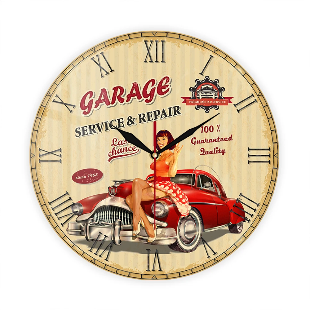 Car Service Repair Garage Wall Clock for Man Cave Workshop Retro Sexy Girl Silent Non Ticking Wall Clock Mechanic Repairman Gift
