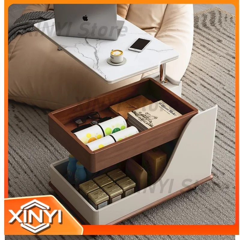 Portable Side Table Coffee Table for Small Living Rooms Balconies Adjustable Height Multi Function Rock Slab Trolley
