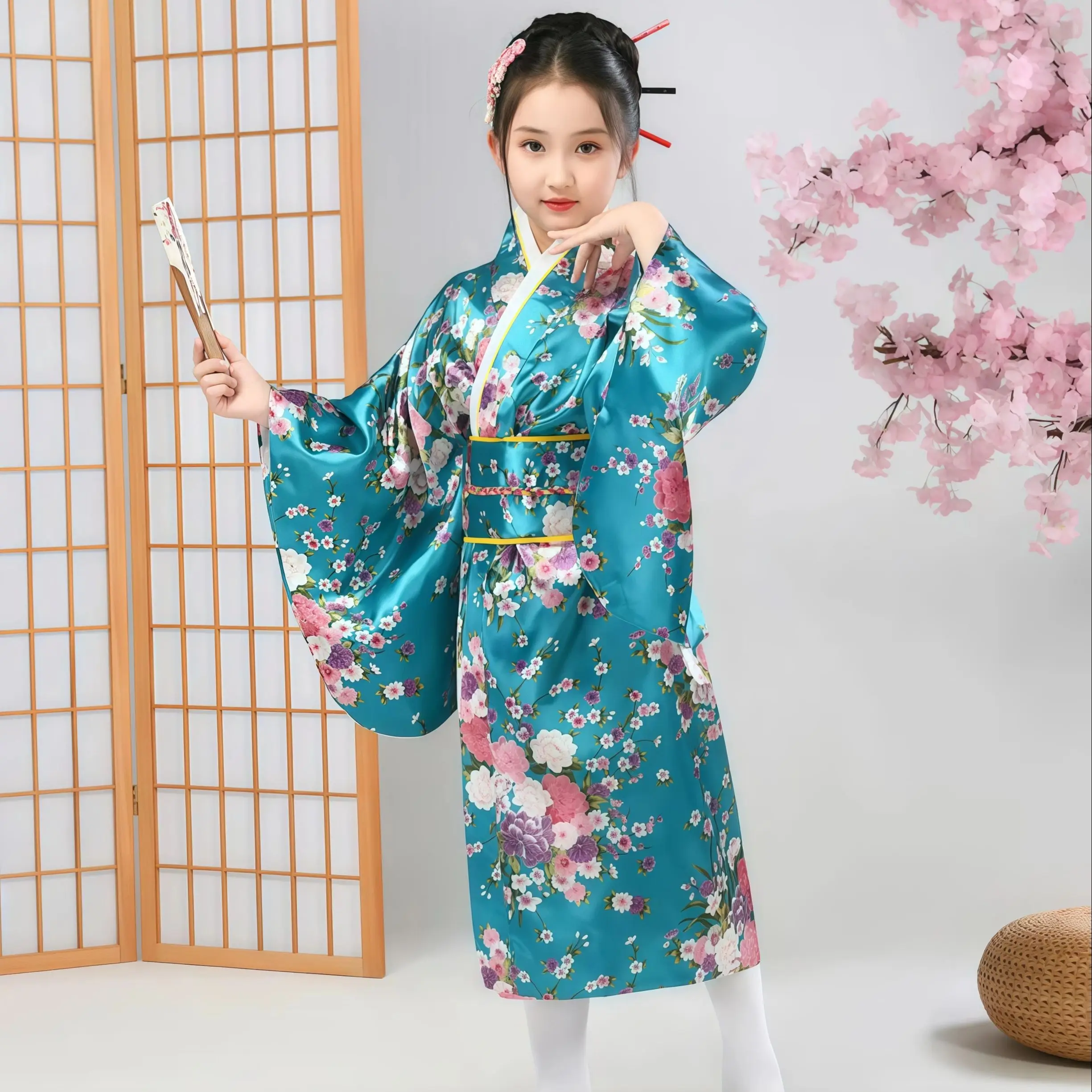 유카타 드레스 생동감 넘치는 벚꽃 프린트 일본 기모노 세트 소녀 코스프레 학교 공연 전통 의상 초등학생용