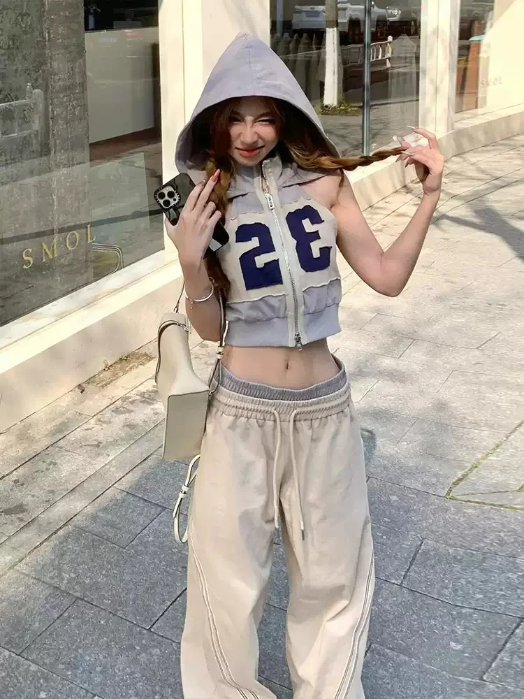 Women Tank Top 2026 New Summer Women American Retro Hooded Vest Sleeveless T Shirt Color Block Patchwork Slim Fit Crop Top