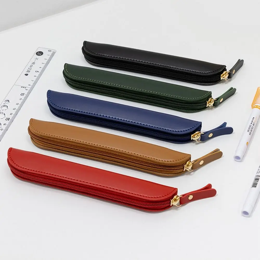 Solid Color PU Leather Pen Bag Stationery Storage Bag Pen Protective Bag Student Business Curved Zipper Portable Pen Pouch
