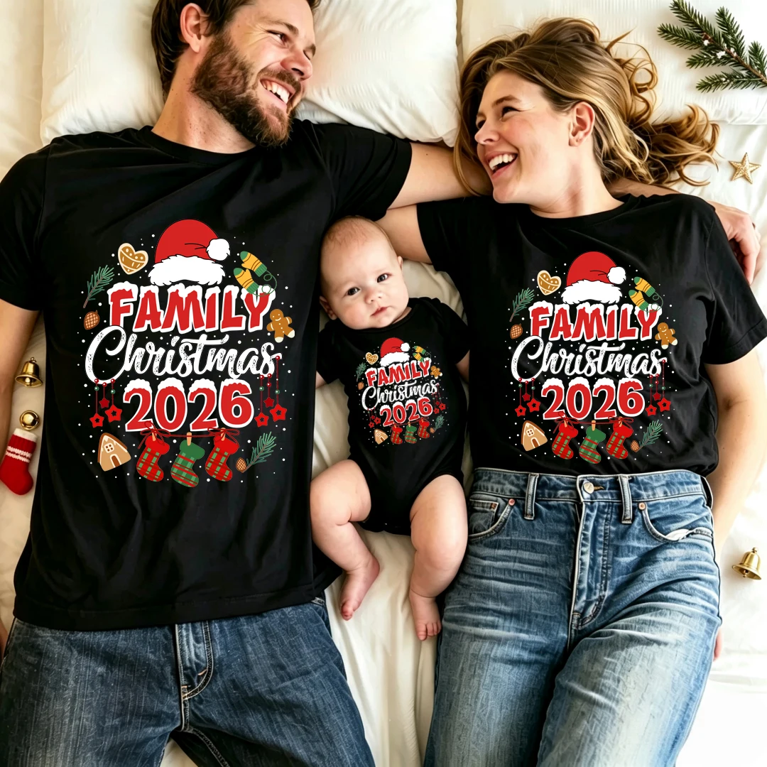 Family Matching Christmas Outfits Family Christmas 2026 Santa Hat Gingerbread Print Black Tops Mom Dad Kid Baby Romper Xmas Look