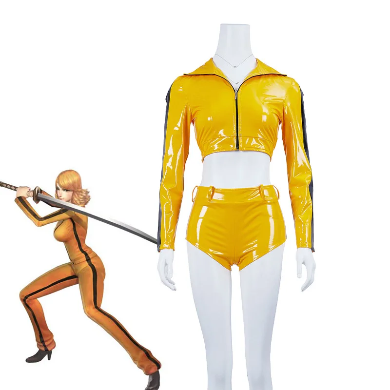 Movie Kill Bill Cosplay Costume Yellow Sexy Top Shorts The Bride Beatrix Kiddo Cosplay Tight Navel Exposed Leather Jacket Women