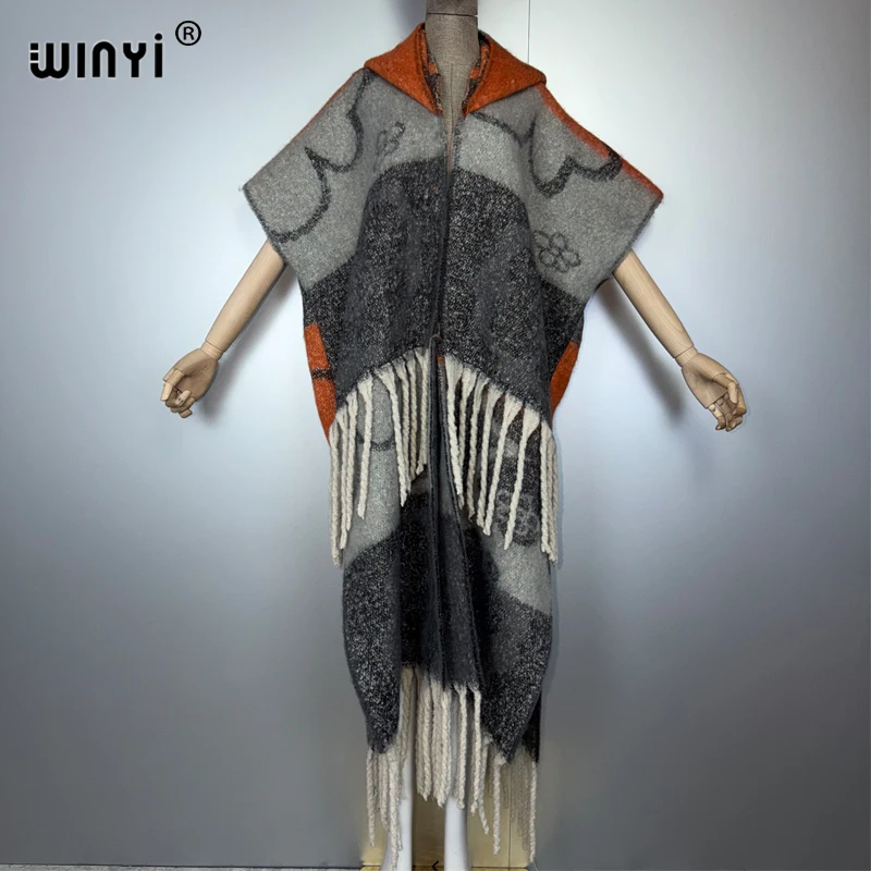 WINYI Afrykański zimowy płaszcz z kapturem dla kobiet, kardigan, abaja, luksusowy strój z Dubaju, płaszcz z otwartym przodem, kimona, długa kurtka puchowa, sukienka-poncho