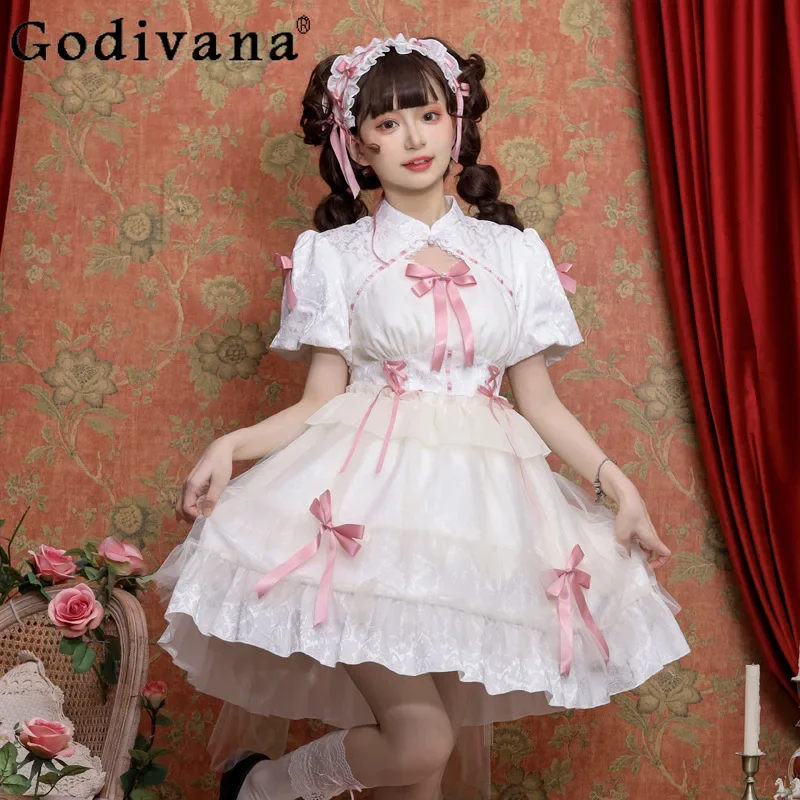 

Japanese Original Bow Ruffles Lolita Dress Women Slim-Fit Elegant Fashion Mid-Length Summer Princess Dress Girls Evening Dresses