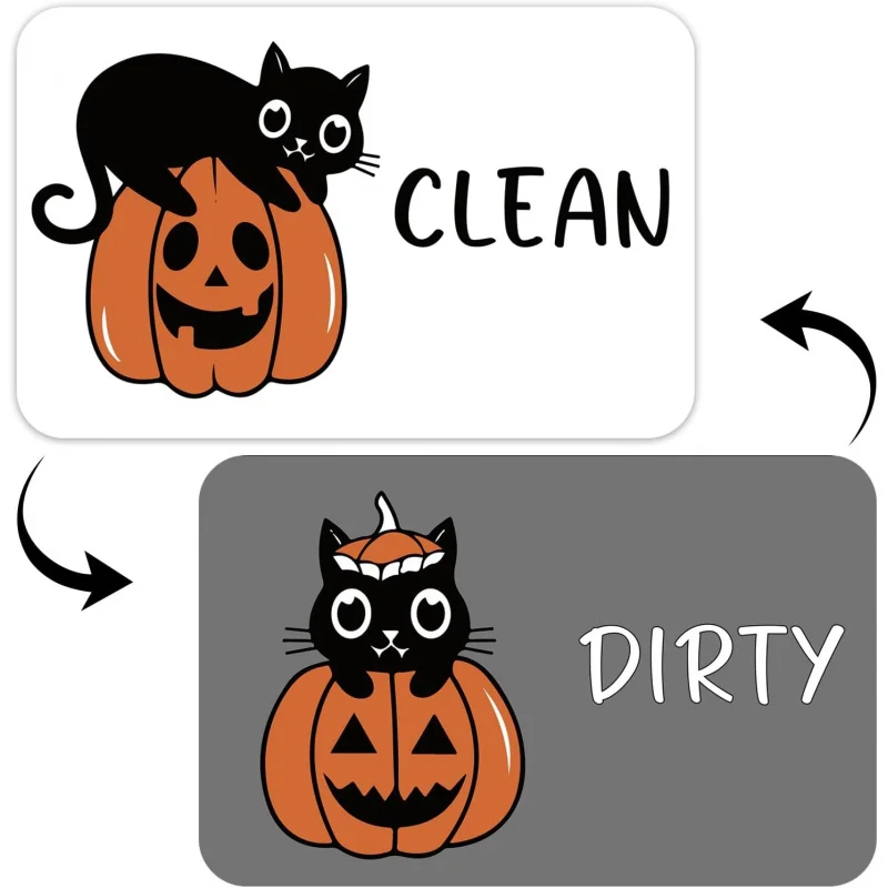 Funny Halloween Cat Cartoon Clean Dirty Dishwasher Magnet, Cute Pumpkin Cat Refrigerator Clean Dirty Sign, Double Sided