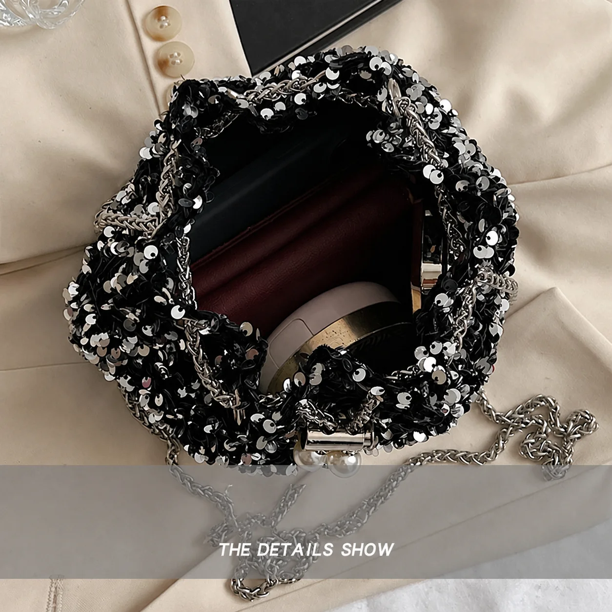 Shoulder Crossbody Bag Urban Minimalist Metal Chain Handbag Crossbody Shoulder Bag Sequined Sequin Handbag For Dating Daily