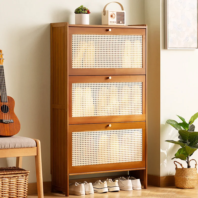 Slim Bamboo Shoe Rack Woven Rattan Shoe Cabinet Multi-Tier Storage Cabinet Space Saving Entryway