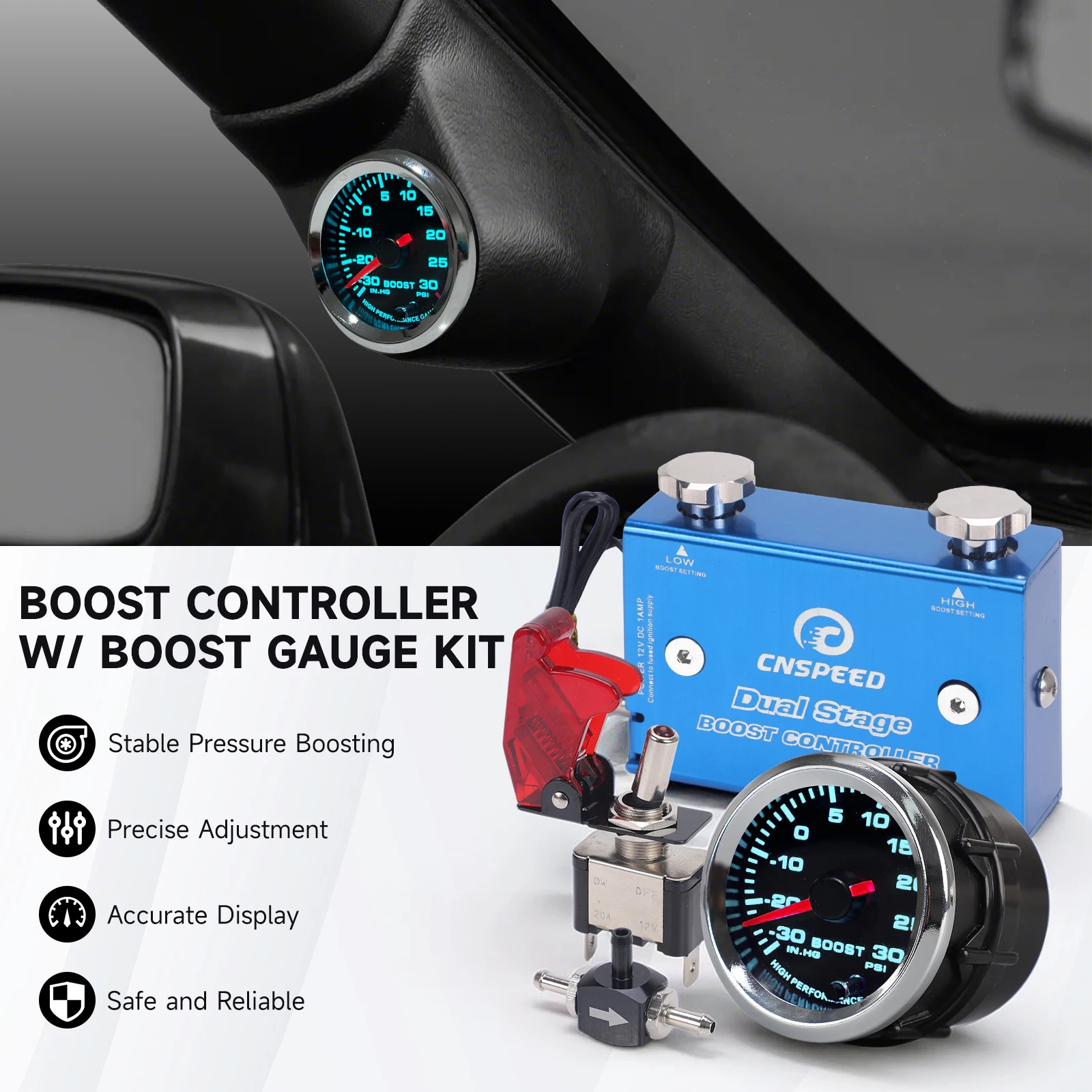 Ladedruckanzeige PSI und Turbo-Ladedruckregler-Kit 12V DC 52mm 7 Farben Auto-Ladedruckanzeige PSI Blau Zweistufiges Ladedruckregler-Kit – Detail 6