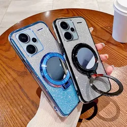 럭셔리 도금 미러 스탠드 전화 케이스 Xiaomi POCO C65 X6 M6 Pro Redmi 13C Note 13 12 12S 12C 11 10 9 S 4G 5G 반짝이 커버