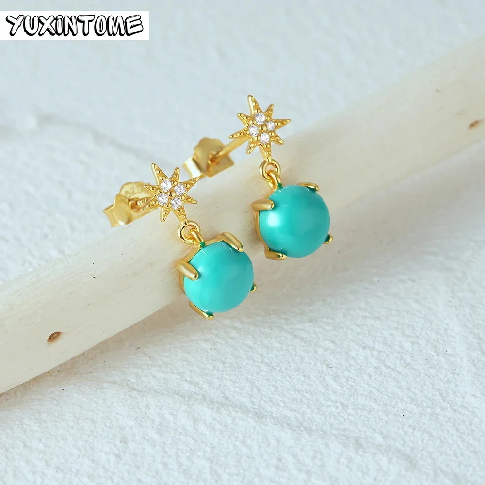 

Exquisite Blue Turquoise Round Pendant Earrings 925 Sterling Silver Needle Stud Earrings For Women 2024 Fashion Charm Jewelry