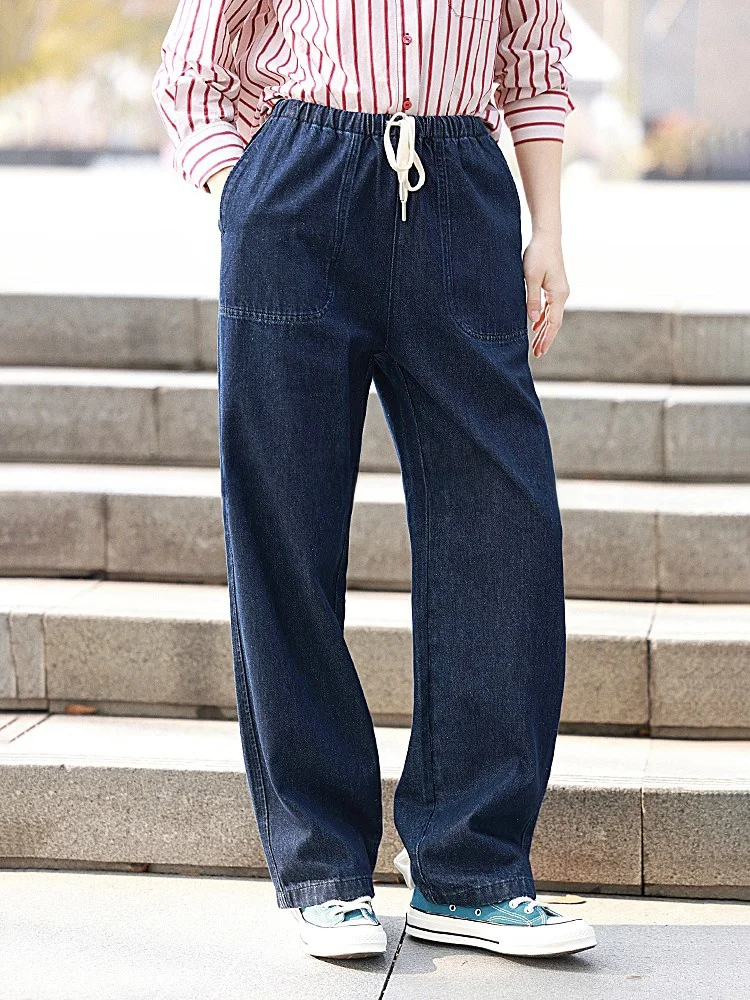 

WinnieTang повседневные джинсы с высокой талией и эластичной резинкой на талии, свободные универсальные джинсы, женские зимние сезонные джинсы глубокого цвета