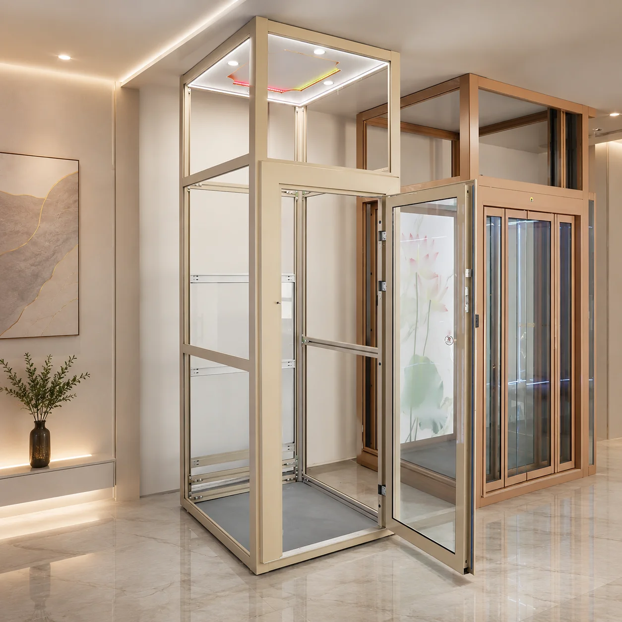 High-end residential luxury elevator doors use polished titanium and custom patterned composite glass
