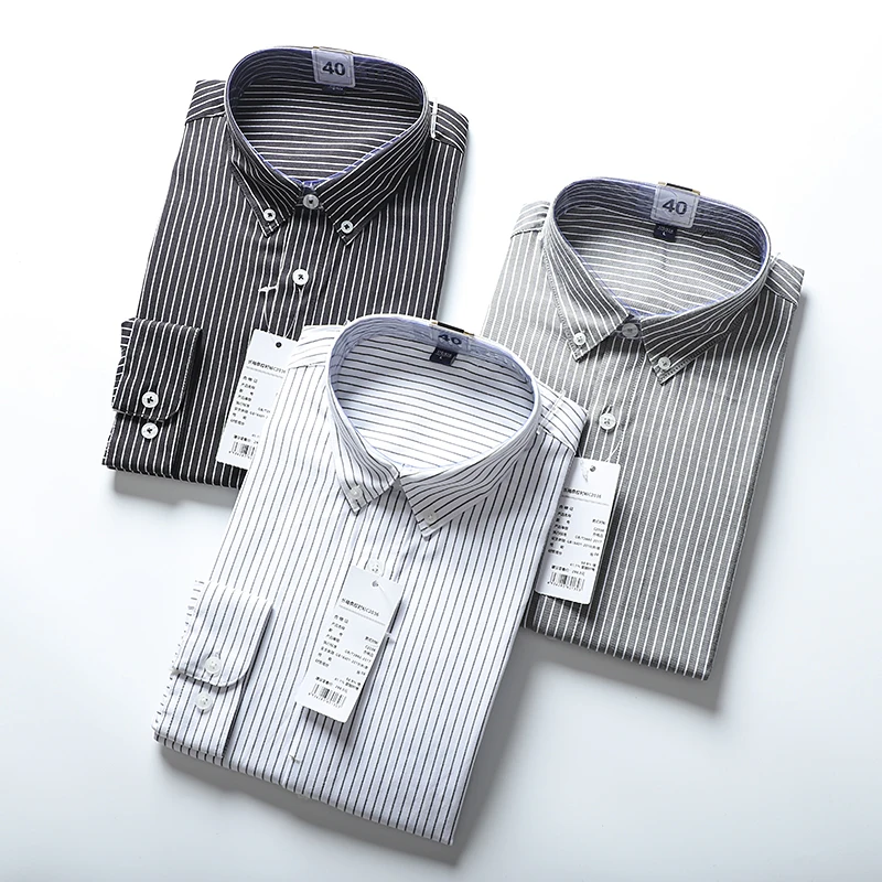 

Men's Busin Casual Pointed Collar Striped Anti-Wrinkle Long Sve irt Top Stand Fit Youth Autumn Wear Offline