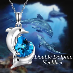 Fashion Blue Heart Zircon Ocean Dolphin Decoration Pendant Animal Cartoon Necklace Lady's Jewelry New Personality Party Gift