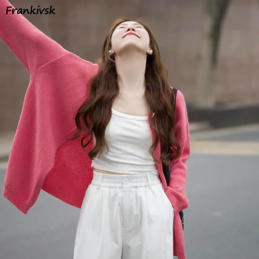 Women's Cardigan Cozy Korean Style Outfit Skin-friendly Breathable Solid Colors Knitted Thin Simple Fashion Daily Versatile Tees